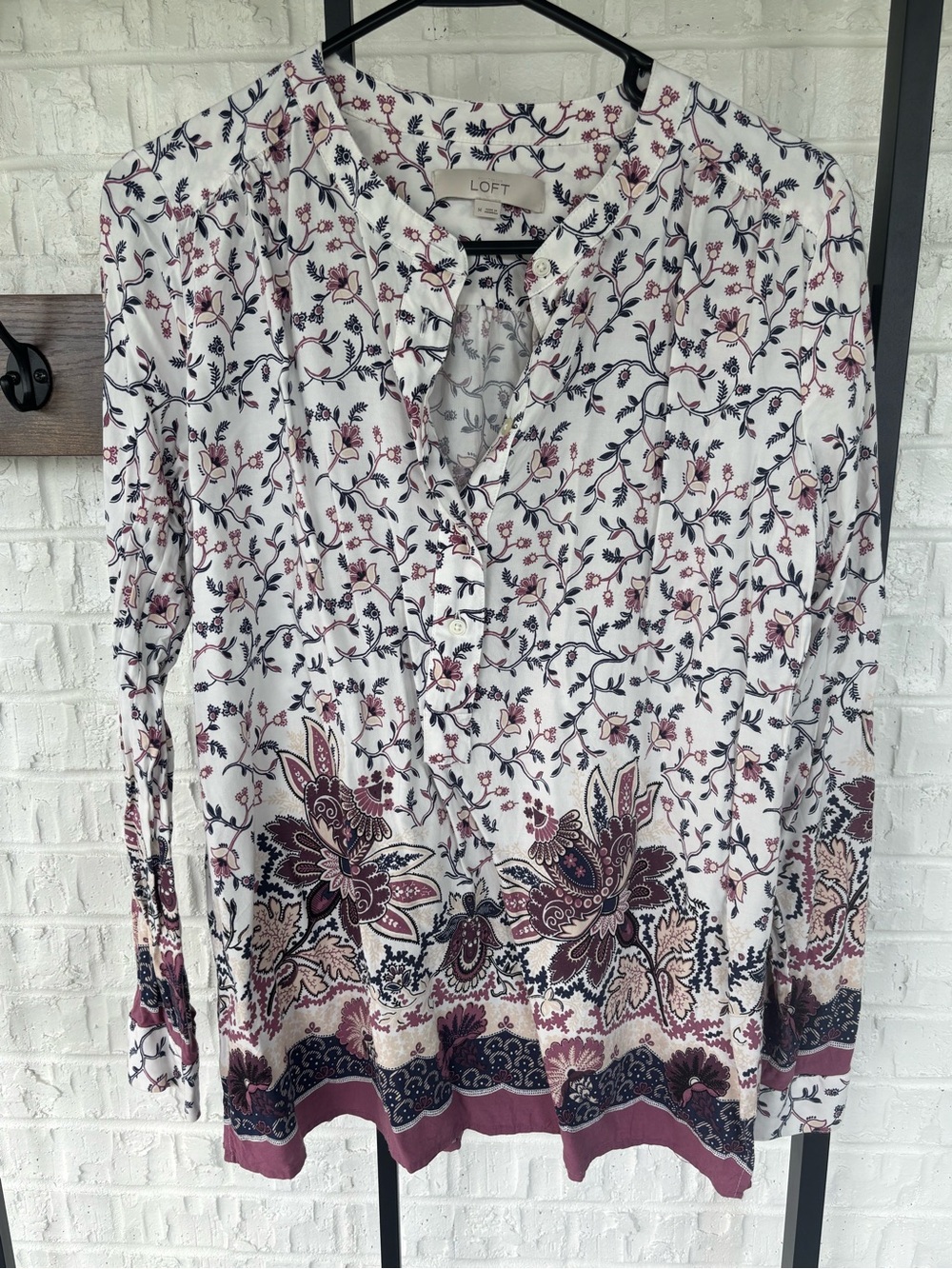 LOFT White Tunic with Pink and Navy Floral Border Print